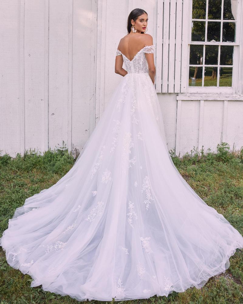 La22127 a line beaded wedding dress with off the shoulder sleeves and sweetheart neckline2